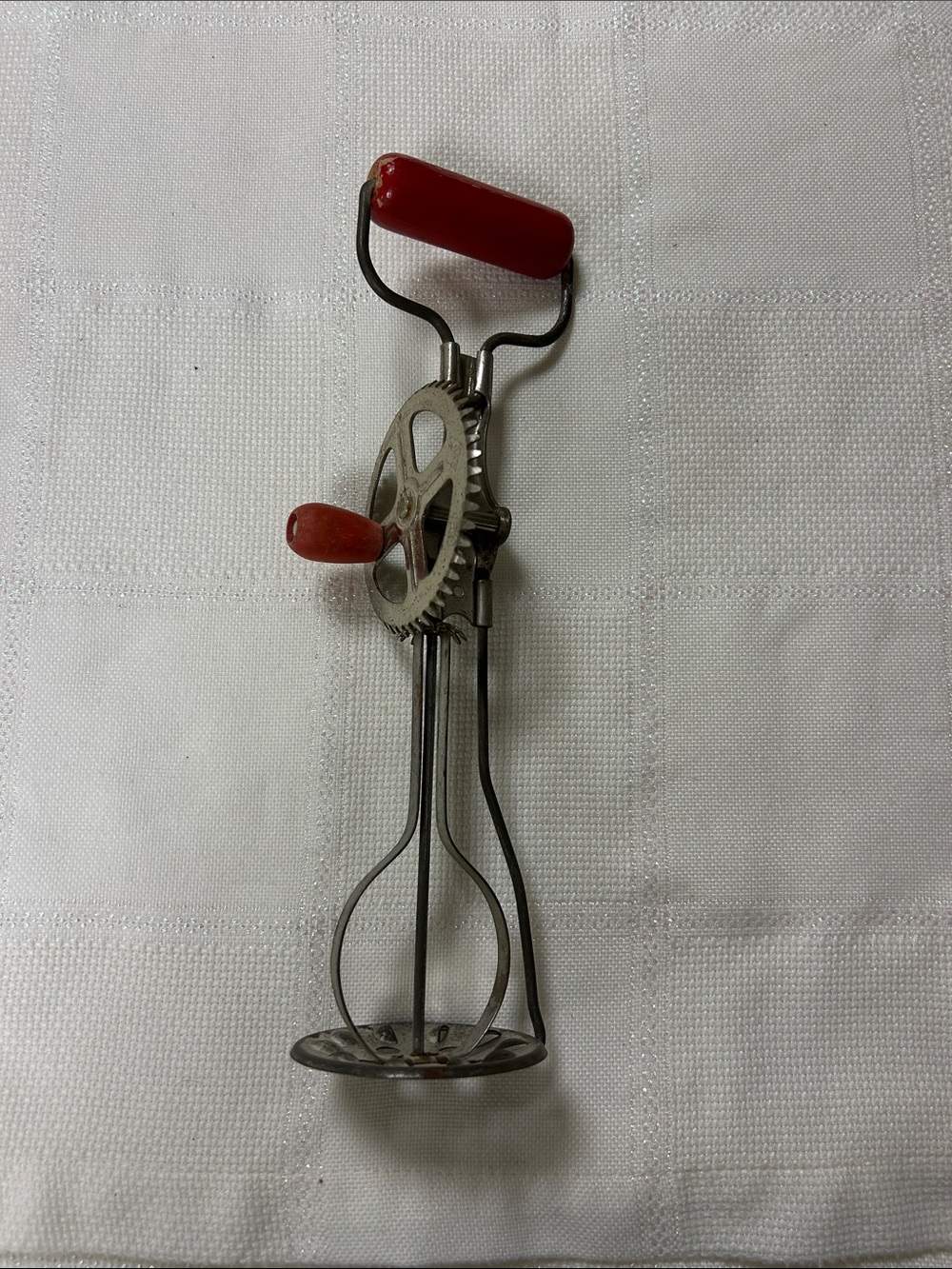 Vintage A&J rotary Hand Crank Egg Beater — Red Handle